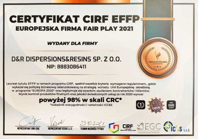 D&R Dispersions and Resins certyfikat EFFP 2021 CIRF