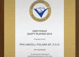 Unicell Poland z tytułem Złoty Płatnik 2015