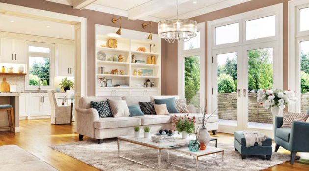 Luxury living room interior design with large window and kitchen